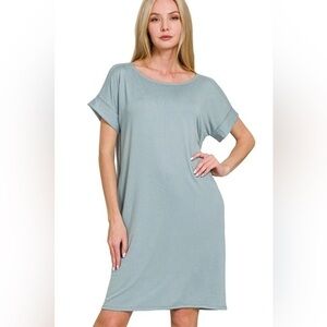 Zenana Rolled Short Sleeve Round Neck Dress
